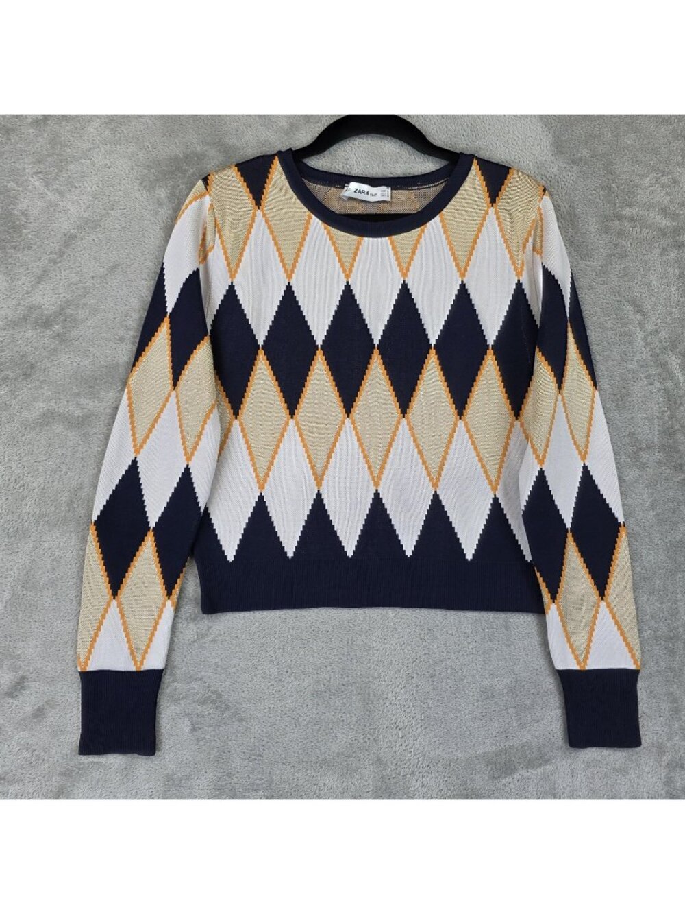 Zara Navy White Gold Argyle Crewneck Sweater